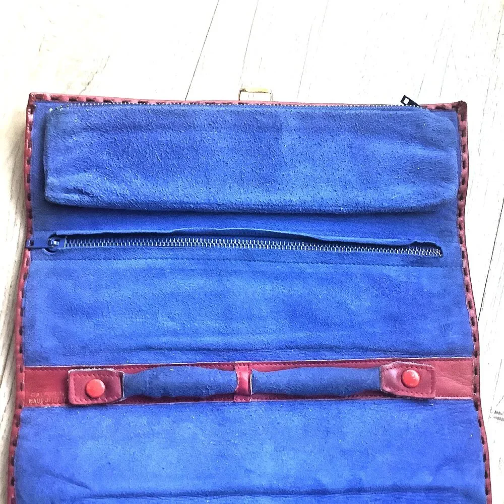Vintage Jewelry Organizer Red Italian Leather Travel Pouch Blue Suede Lined